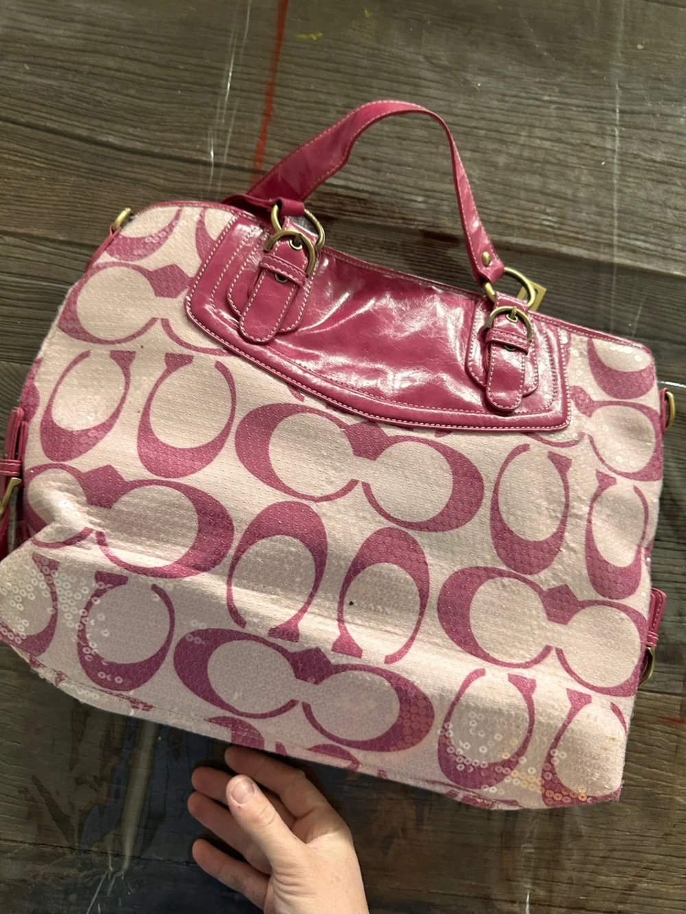 Coach Pink sequins Signature Tote with Gold-Tone Hardware